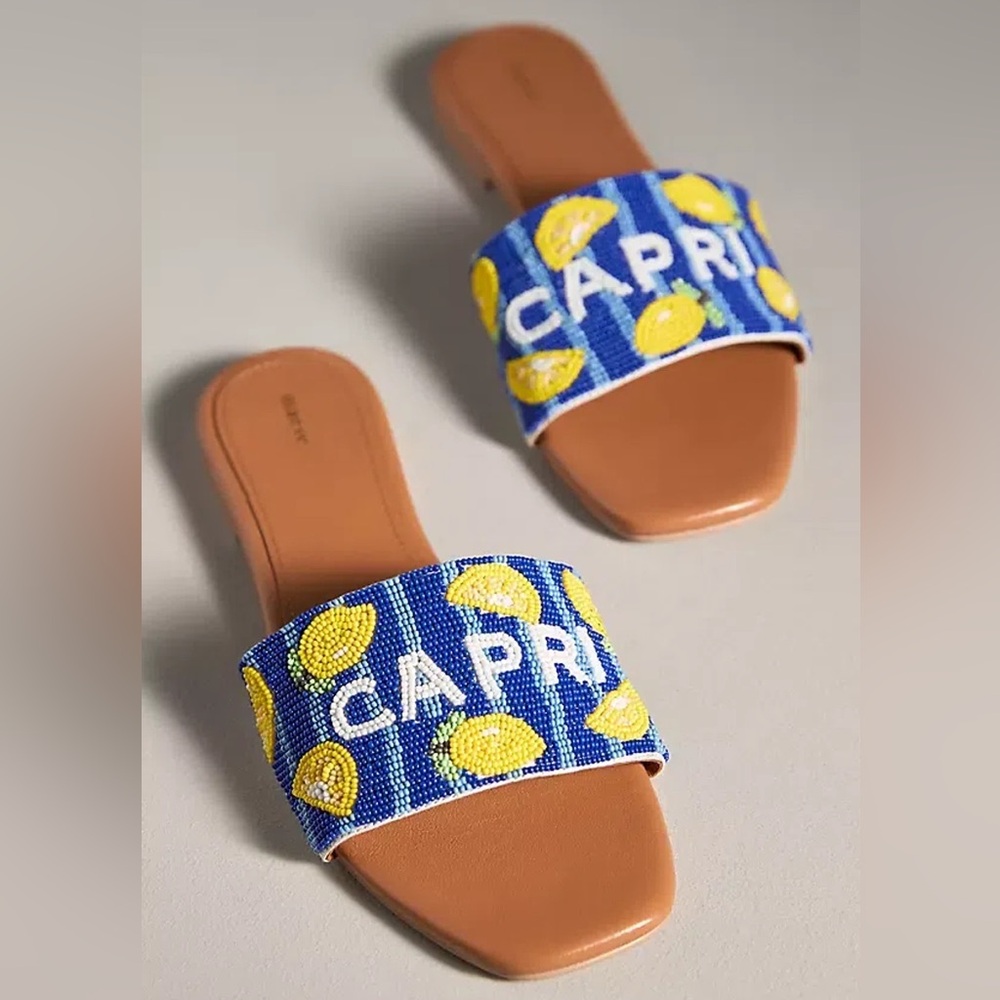 New Anthropologie Maeve Capri Lemon The Fiona Beaded Slide Sandals